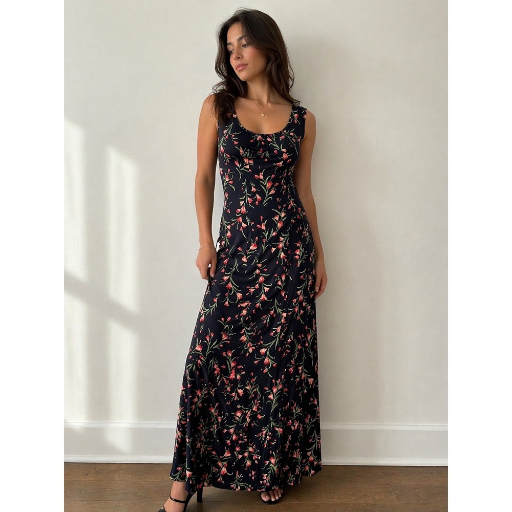 Robbie Bee Maxi Dress Women 10 Navy Floral‎ Vintage 90s Rayon Sleeveless Pleated